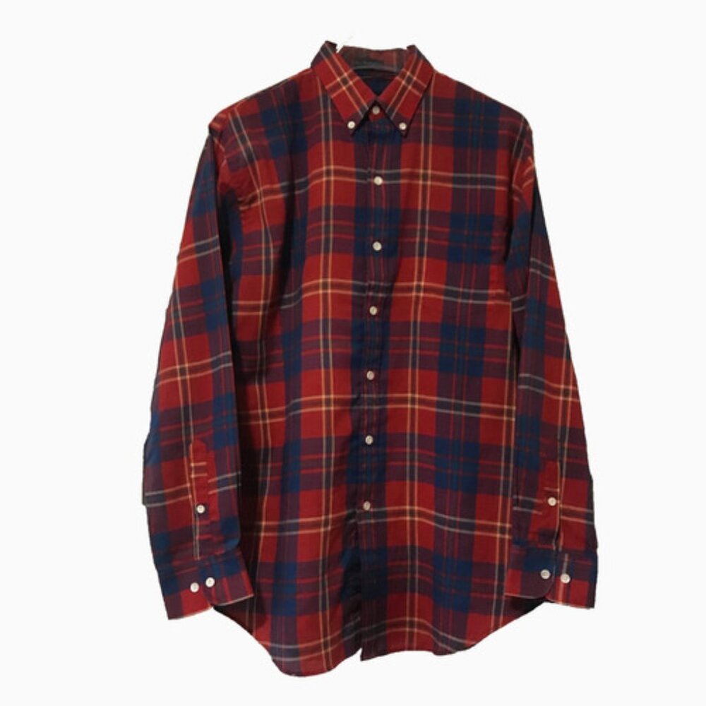 Vintage Manhattan The Natural Button down Shirt Red Plaid Tartan Men's Large